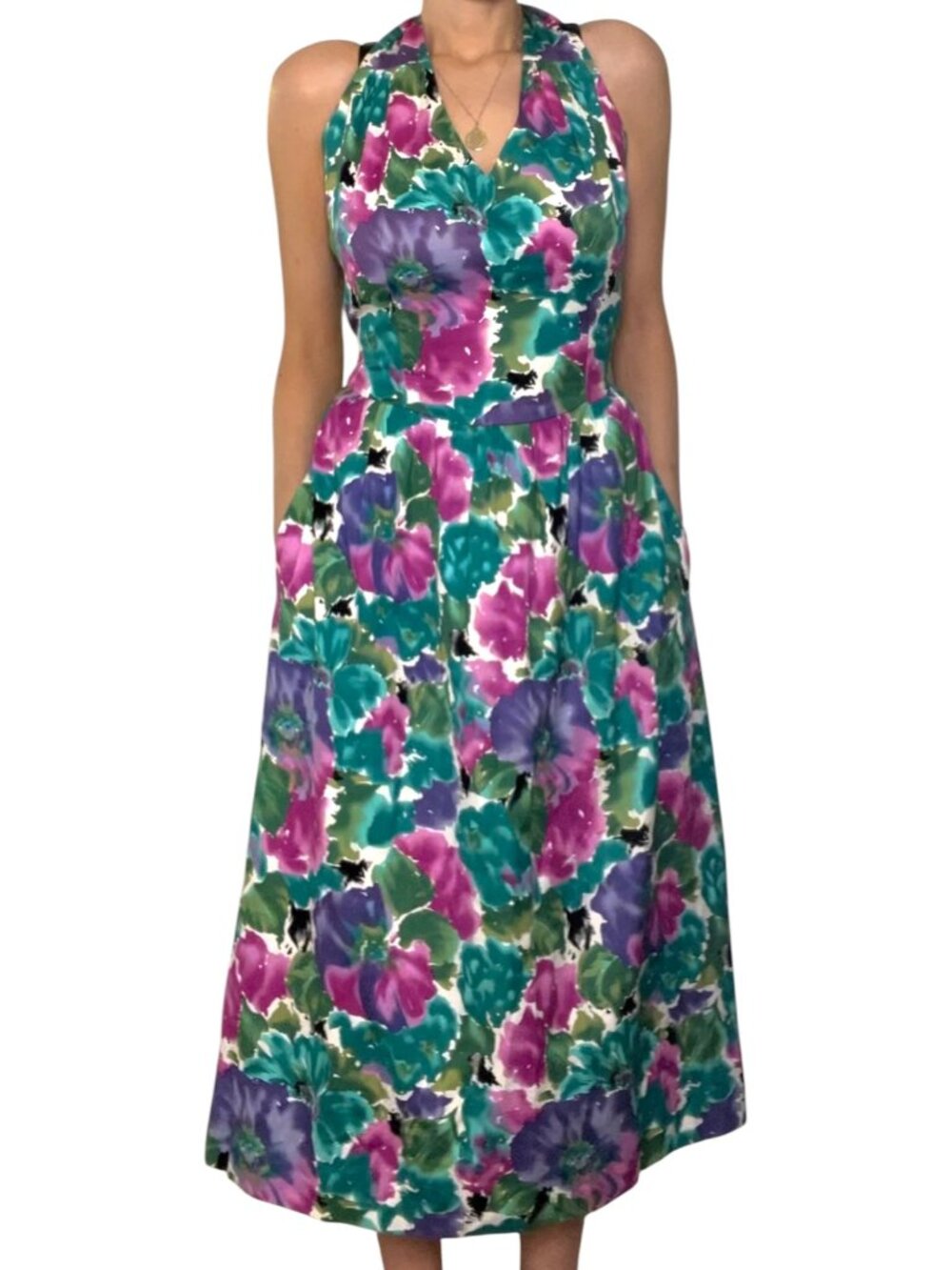 Vintage 80s 90s Lanz Originals floral hawaiian style halter midi dress